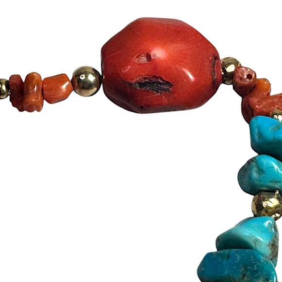 Vintage 26” Red Coral & Turquoise Nugget Necklace with Brass Beads Southwestern - Picture 5 of 9